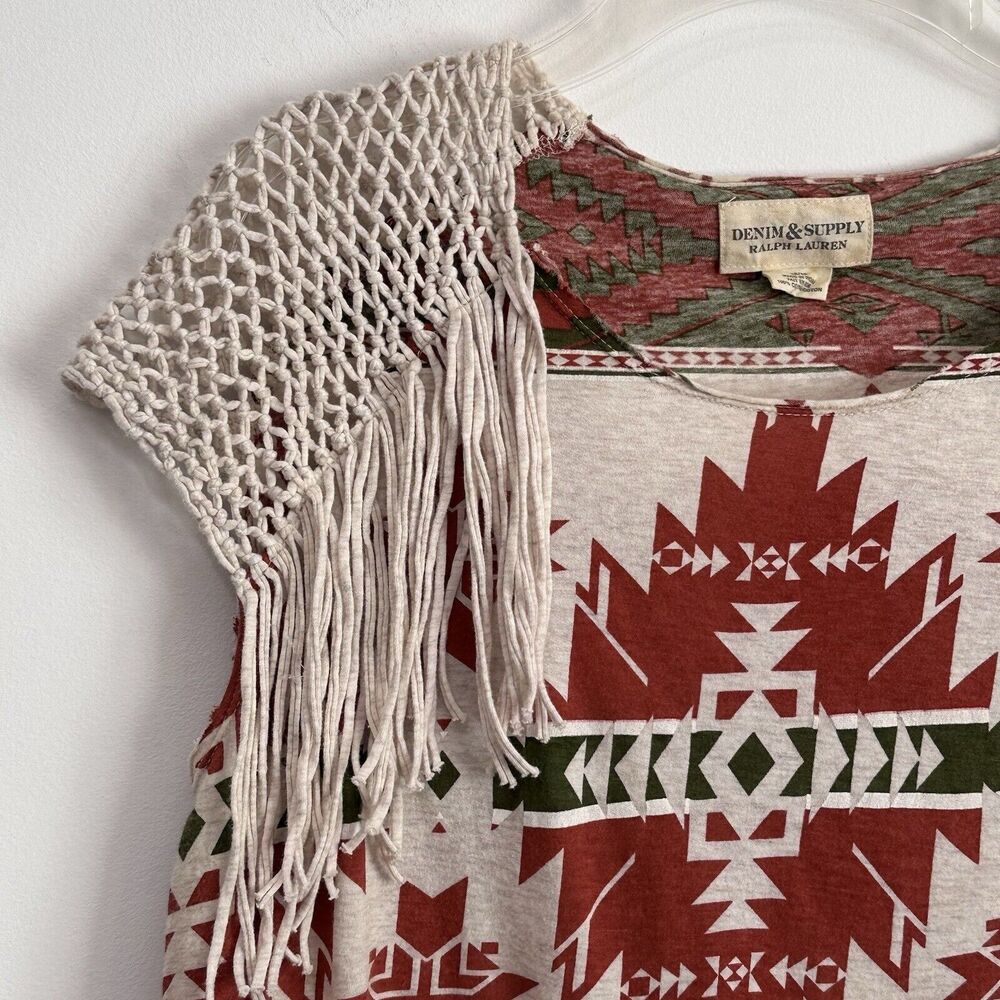 Ralph Lauren Denim & Supply Tee Top M Fringe Southwestern Cap Sleeve Crochet - Picture 4 of 11